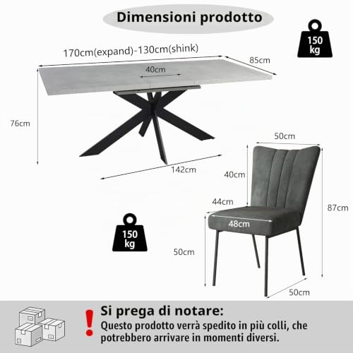 Detalle de JIEXI Set tavolo da pranzo allungabile con 6 sedie in flanella grigia – MDF grigio, base in metallo a X