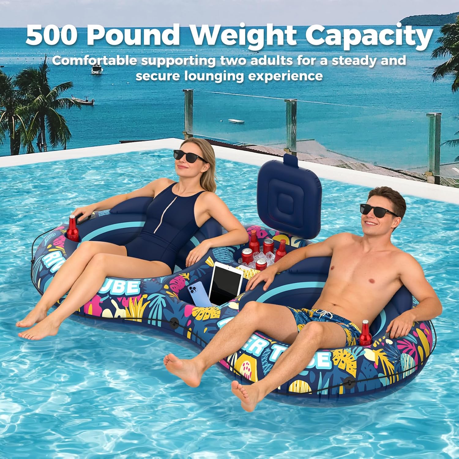 Thumbnail 3 de POVRYE Pool Floats Adult 2-Person Inflatable River Tube with Built-In Cooler & Cup Holders