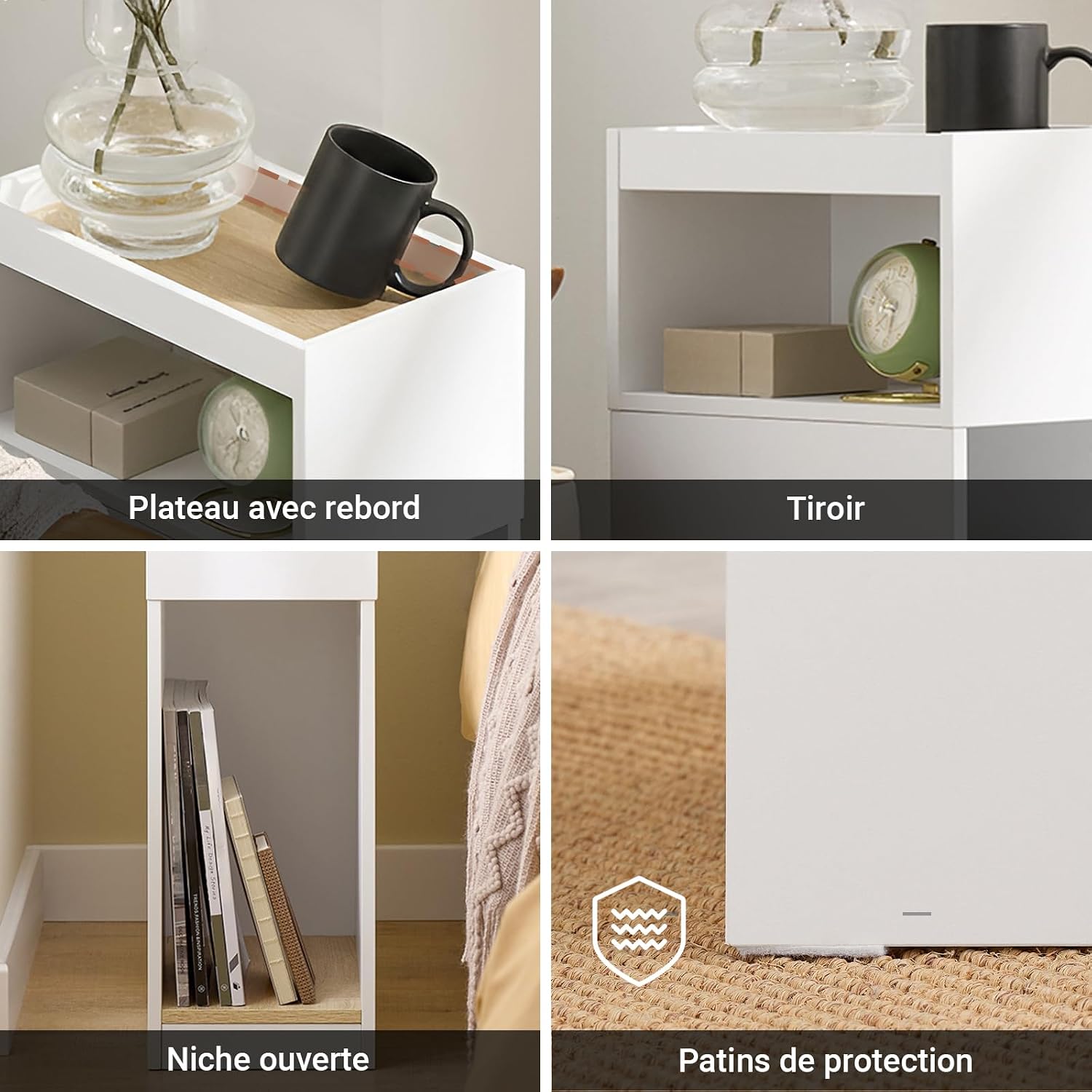 Thumbnail 6 de SoBuy Lot de 2 Tables de Chevet étroites 20 cm – Chevet avec tiroir réversible et encoche pour plinthe, blanc 20 x 35 x 60 cm, FBT171-WNx2