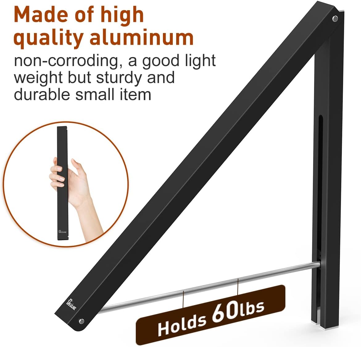 Detalle 2 de Anjuer infällbar klädhängare i aluminium, väggmonterad, svart, upp till 27 kg