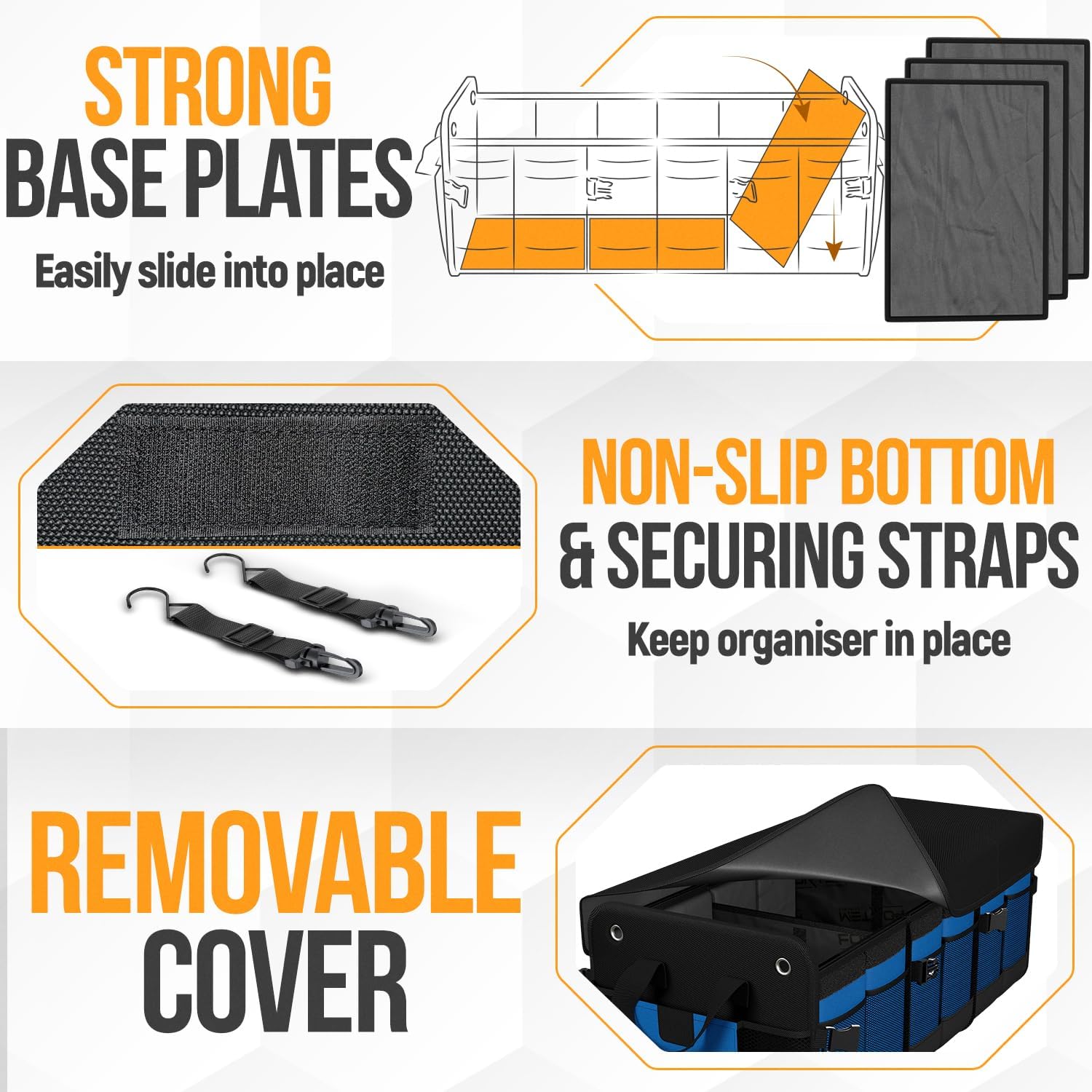 Detalle de FORTEM Car Boot Organiser (Collapsible 90L) for SUV Boot Tidy with Non-Slip Base and Adjustable Straps