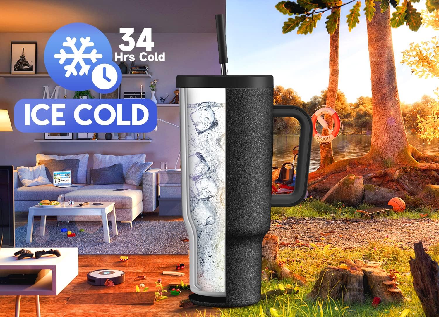Detalle de Meoky 40oz Tumbler with Handle — Leak-Proof Lid, Straw, and Insulated Stainless Steel Travel Mug