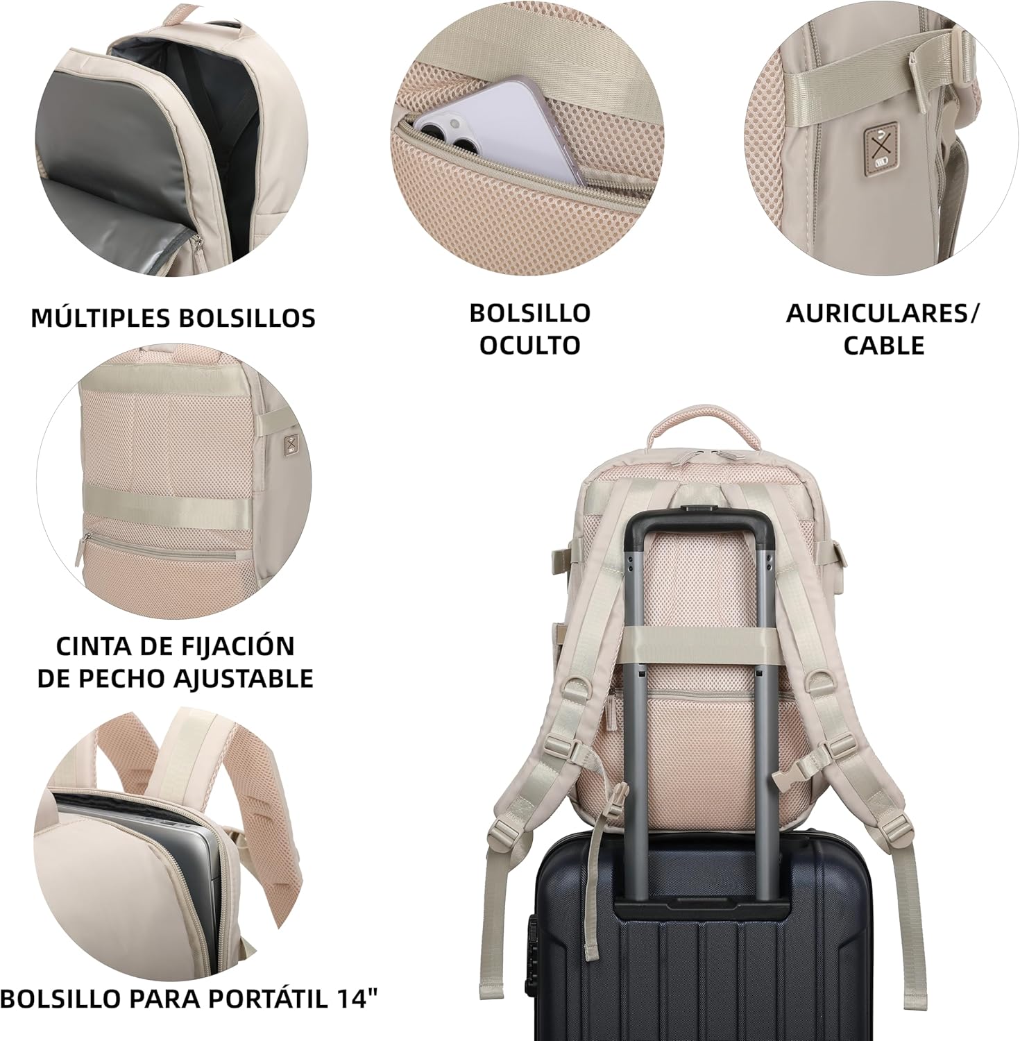 RAYKONG Mochila Cabina Ryanair 40x20x25 cm (20 L) impermeable para portátil de 14” en color khaki