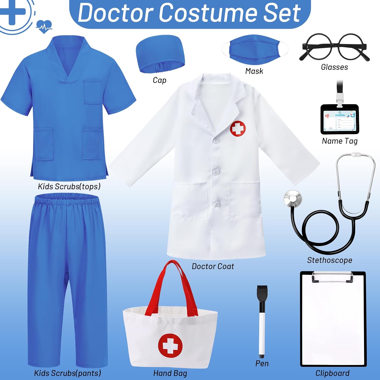 Detalle 2 de Wuclad 12-Piece Kids' Doctor Costume with Scrubs, Lab Coat and Accessories
