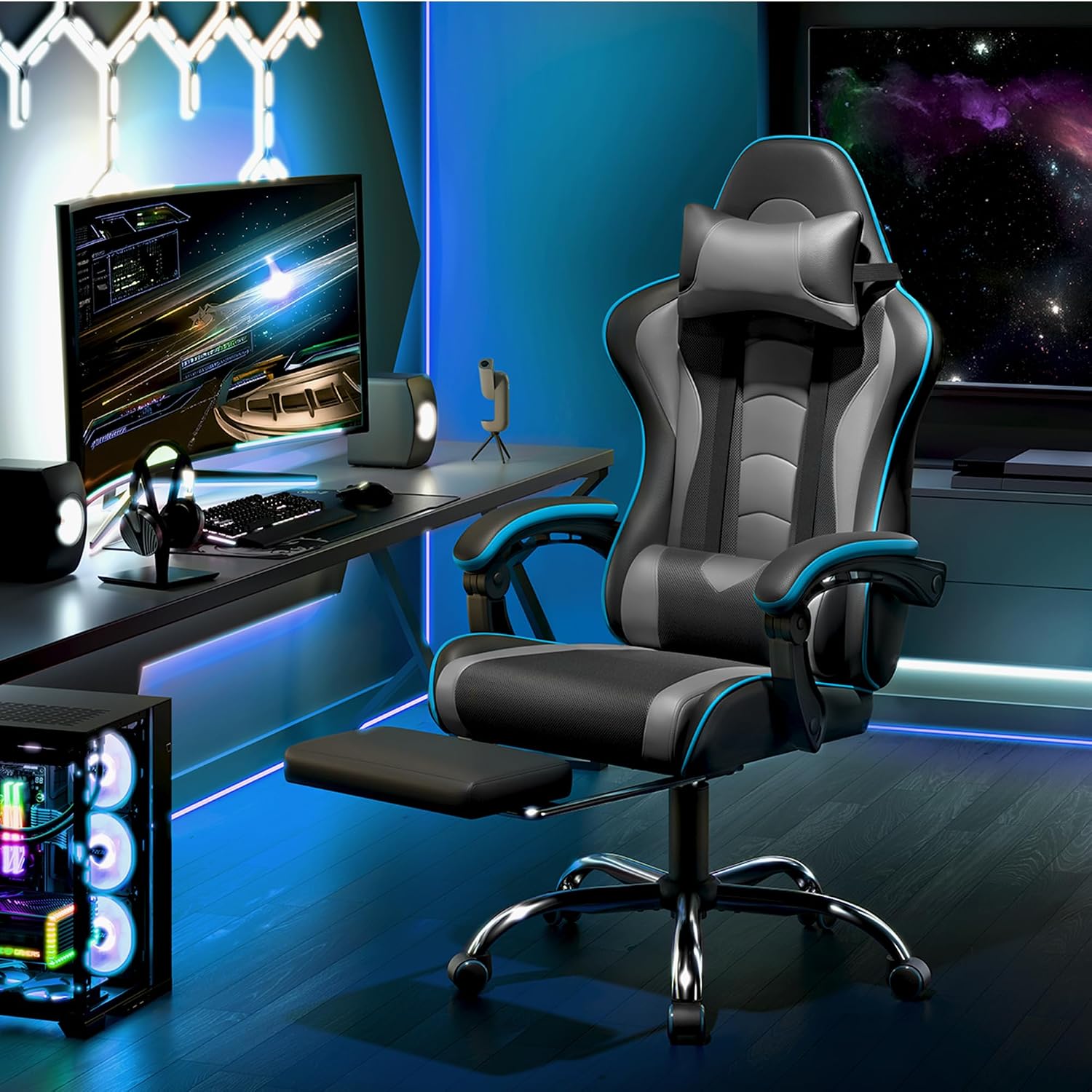 Detalle de Yaheetech sedia gaming ergonomica massaggiante reclinabile con poggiapiedi e supporto lombare, grigio