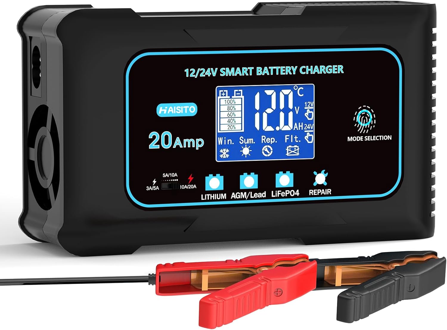 Haisito 20-Amp Smart Battery Charger (12V/24V) with LiFePO4 & Lead-Acid Support