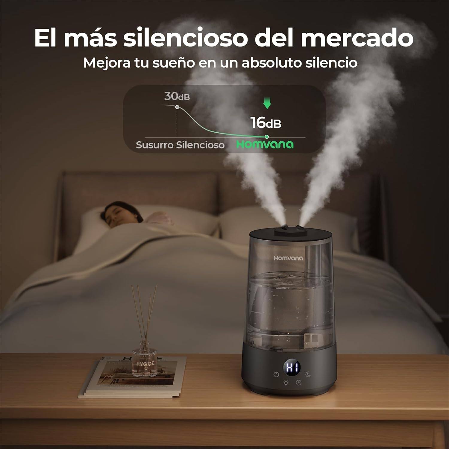 Detalle de Homvana humidificador ultrasónico para dormitorio (3,6 L, hasta 34 h, SilentSpray 16 dB, 360°)