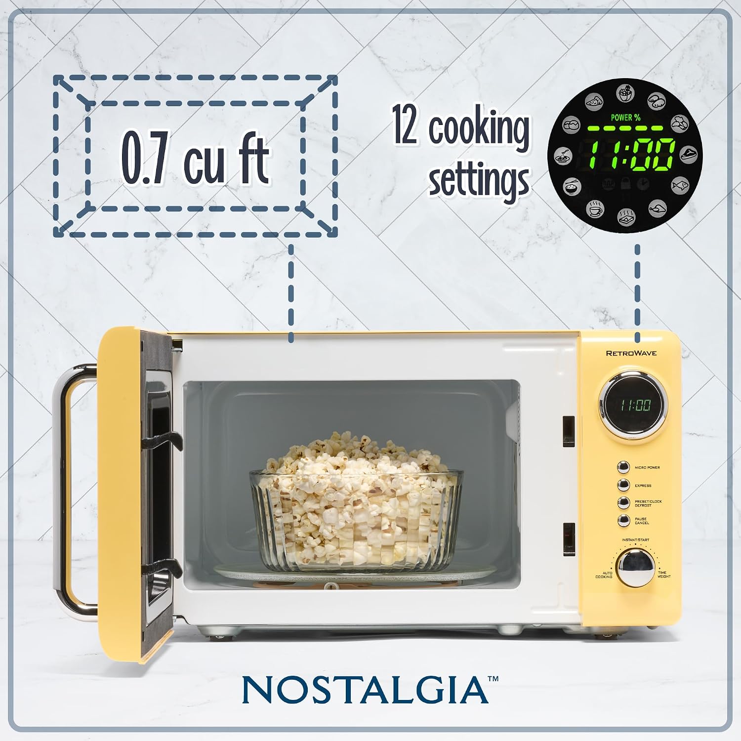 Detalle de Nostalgia Retro Compact Countertop Microwave Oven (0.7 Cu. Ft, 700W) in Yellow
