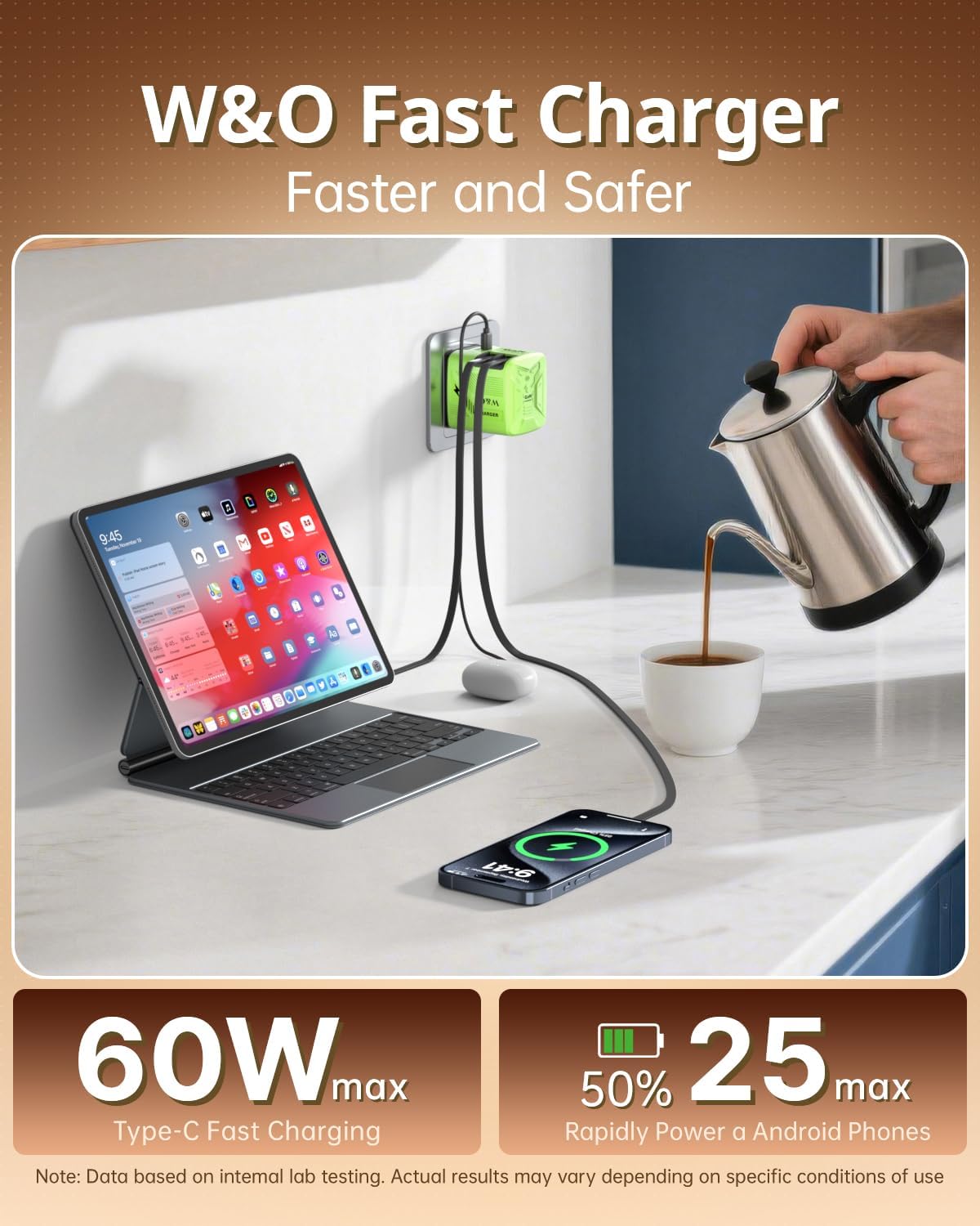 Detalle de 60W GaN Fast Charger with Built-in Dual 1.2m Retractable Cables (3-in-1) – UK Plug, Green