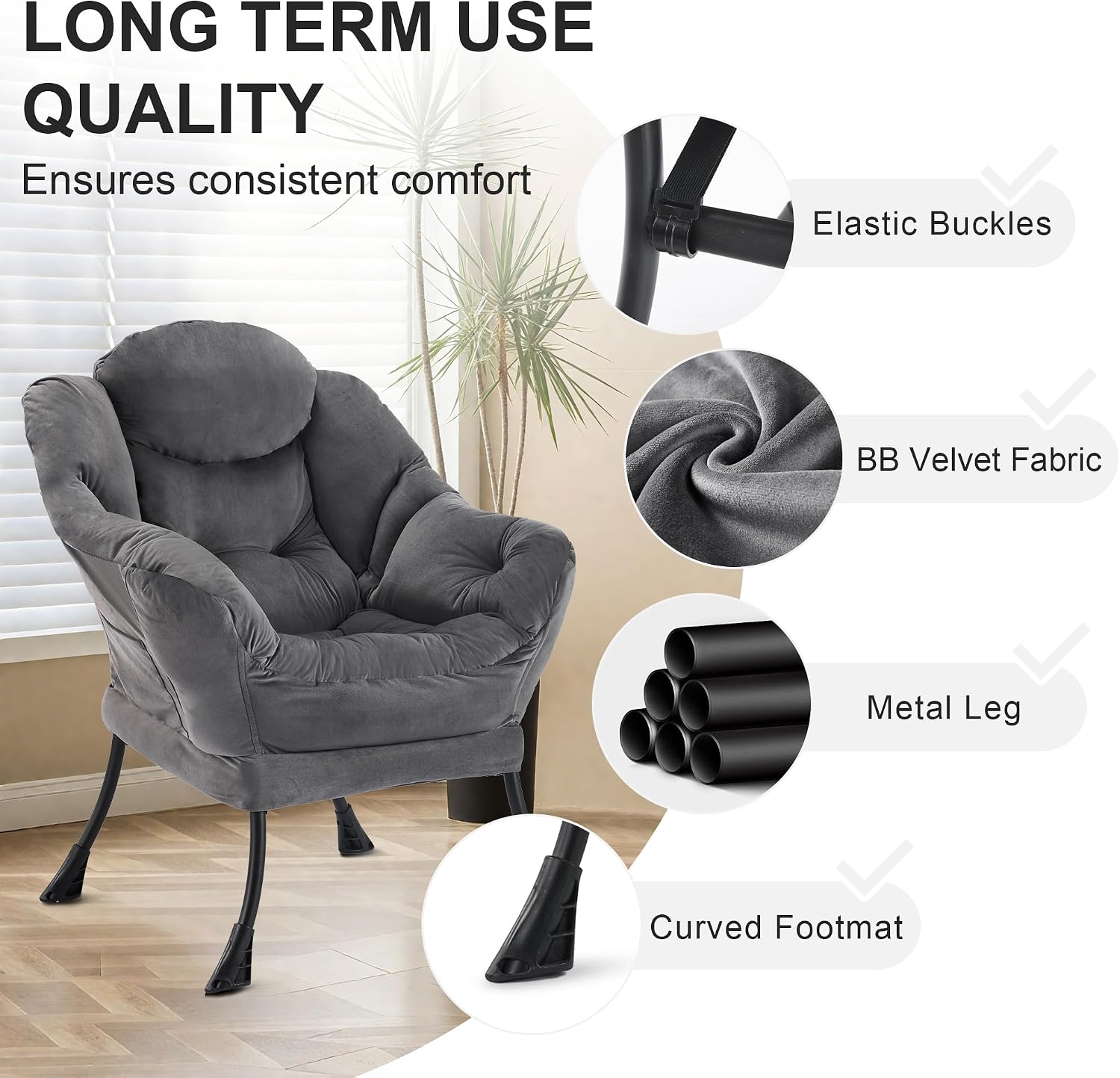 Detalle 2 de Zedachica LCO-13 Lazy Chair and Ottoman, Dark Grey Velvet Lounge Set