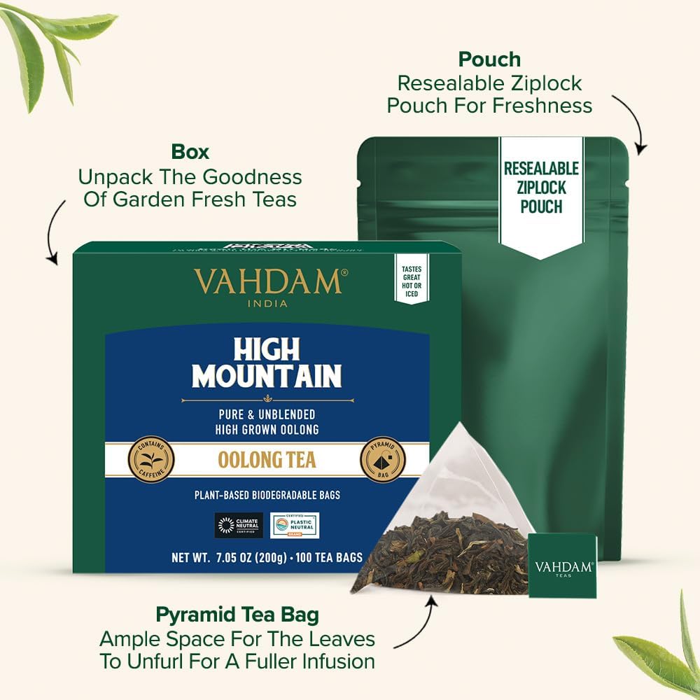 Detalle de VAHDAM Himalaya Oolong Teebeutel (100 Teebeutel) – Oolong aus der Höhe, heiß, eiskalt oder als Kombucha