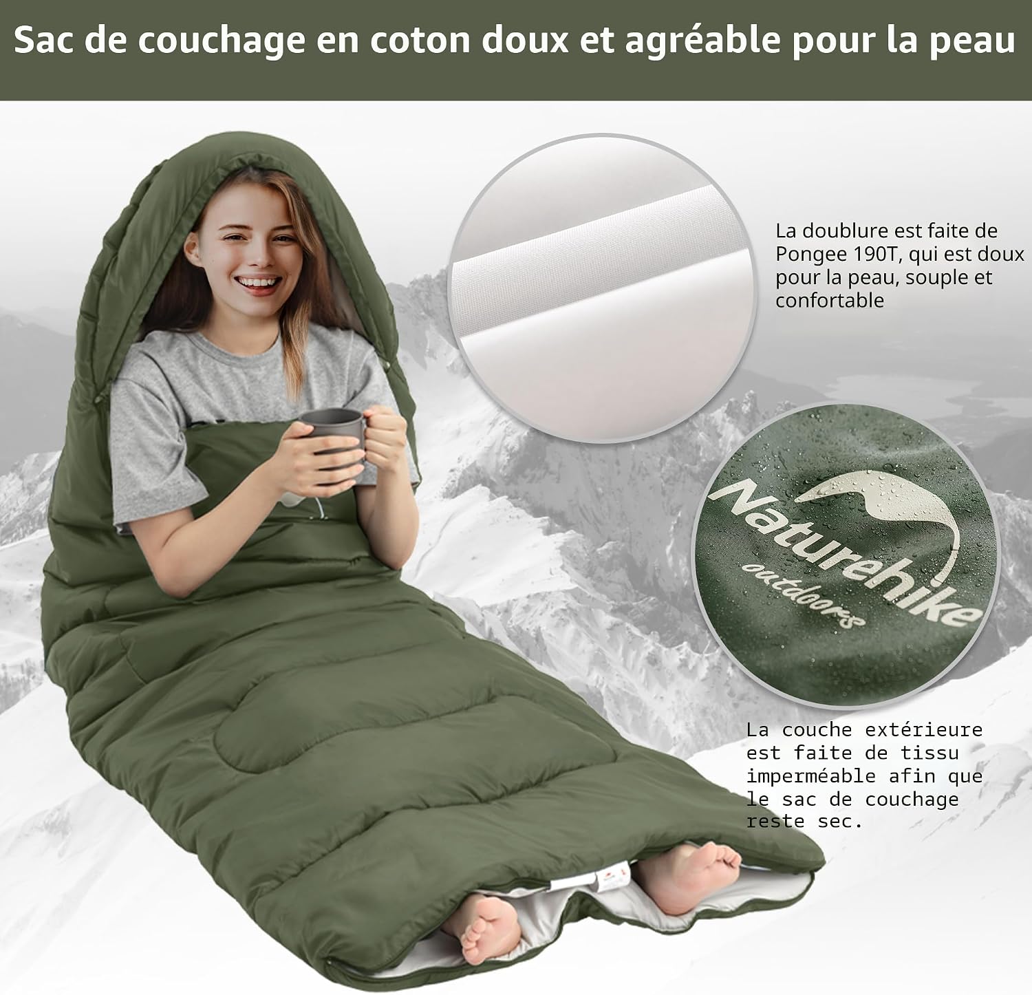 Detalle de Naturehike Sac de Couchage Compact 3 Saisons – Surdimensionné 220x85 cm, Ultra léger et modulable