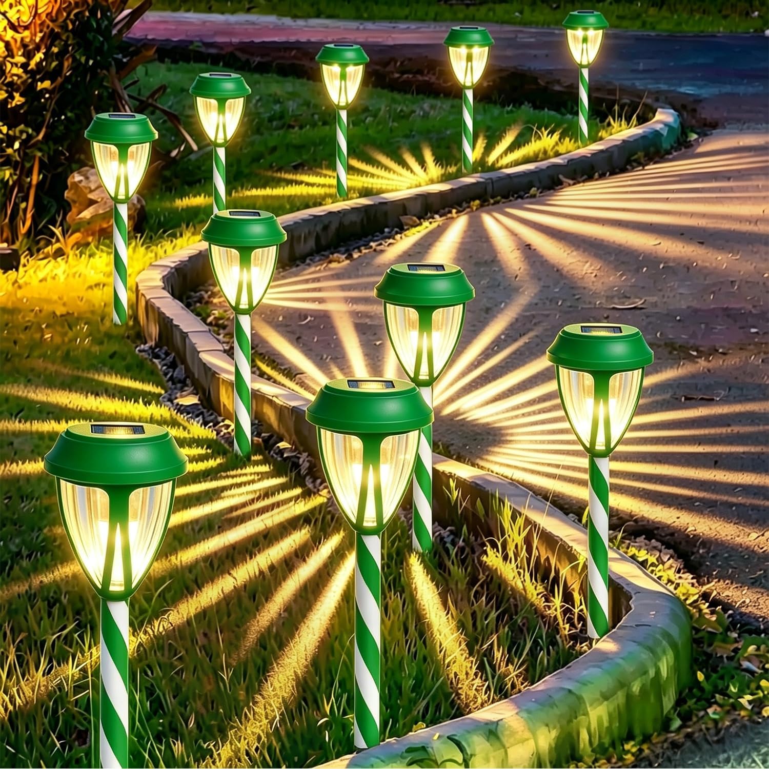 Detalle de Dynaming DC23482SD-10 Solar Christmas Pathway Lights, Green Candy Cane, Warm White LED, 10-Pack