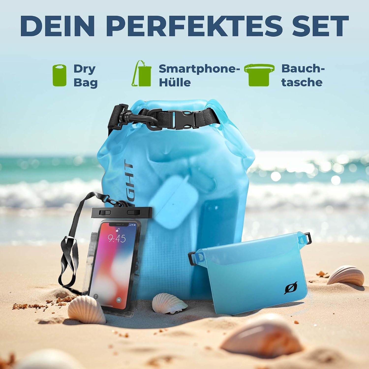 Detalle de Nordlight Dry Bag wasserdichte Tasche – 2l bis 30l, Roll-Top, inkl. Bauchtasche und Smartphone-Hülle