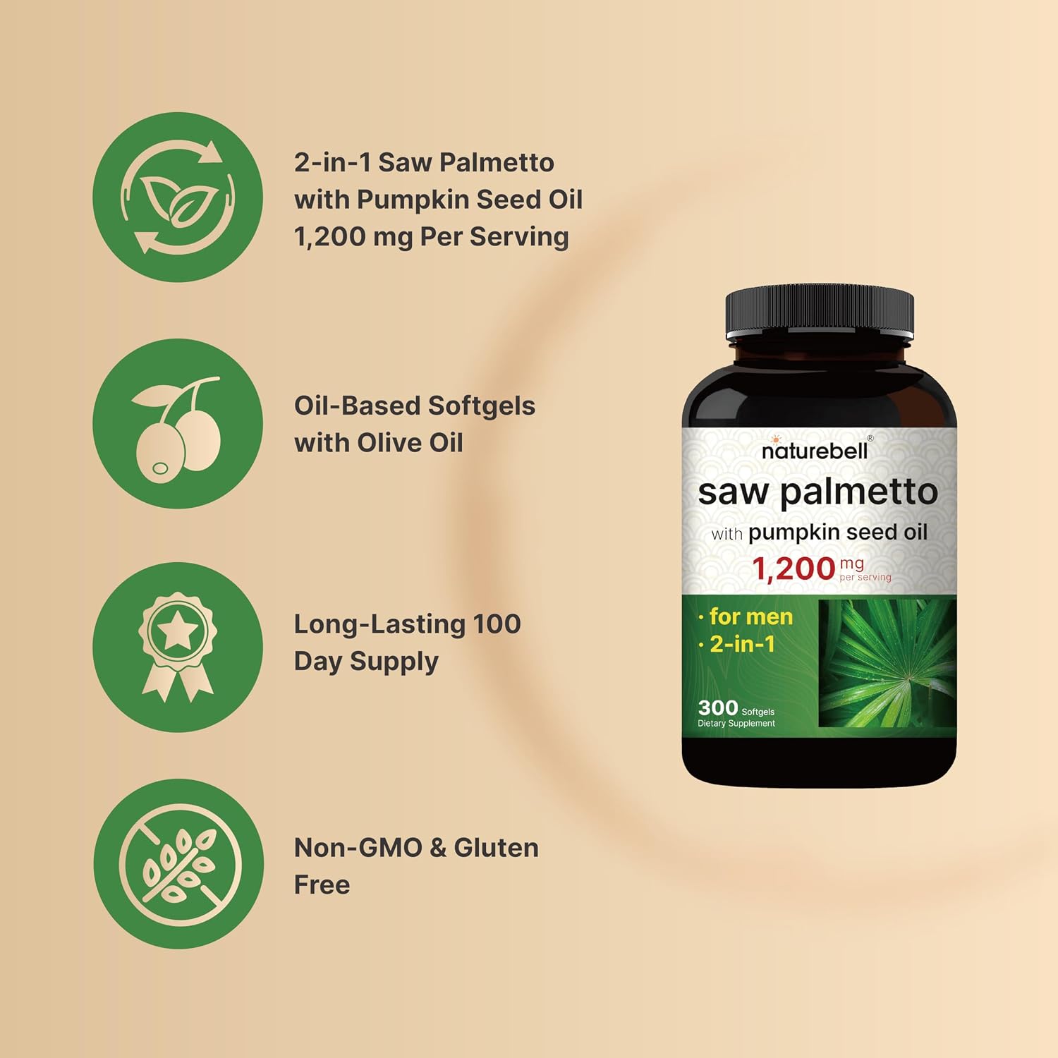 Detalle de NatureBell Saw Palmetto Supplement 300 Softgels