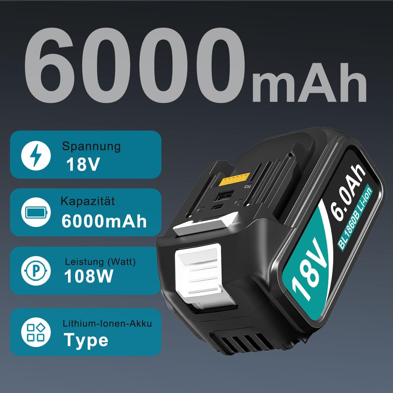 Thumbnail 2 de 4er-Set 6,0 Ah Ersatzakku für Makita 18V mit LED-Anzeige, USB-Ausgängen und umfassendem Schutz