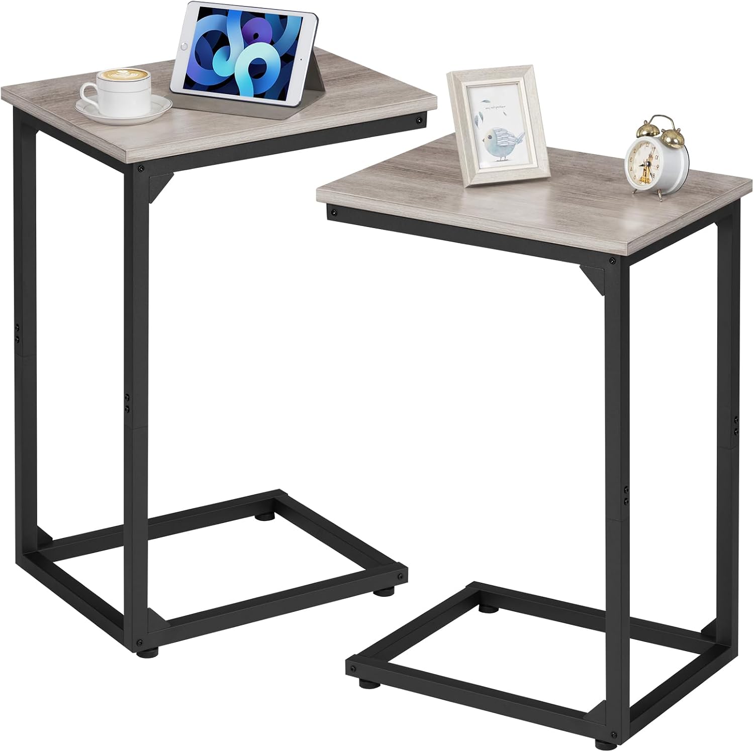 Detalle de AMHANCIBLE EHET02CGY C-vormige bijzettafels, set van 2 met metalen frame