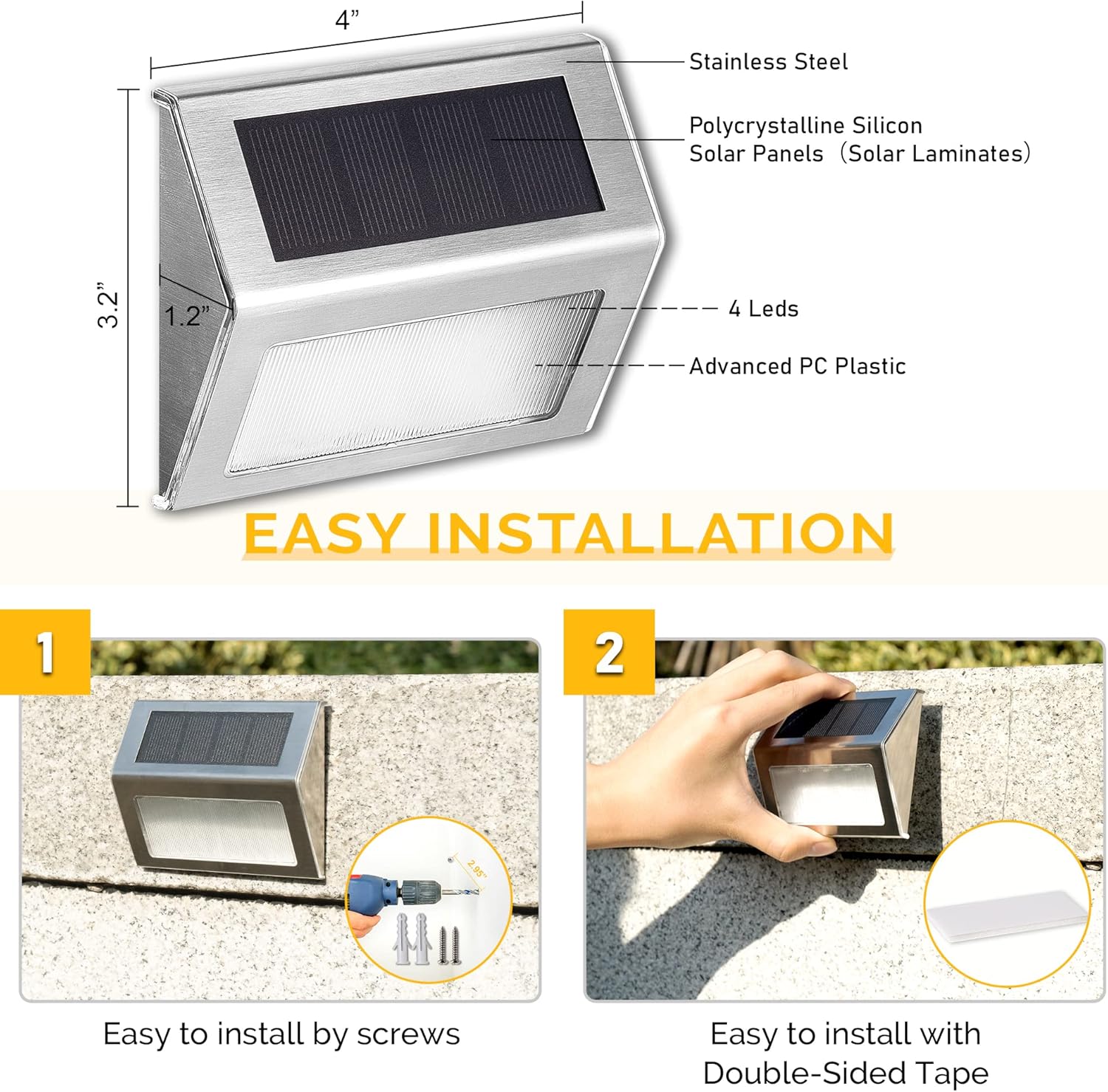 Thumbnail 5 de Solpex Solar Fence Lights Outdoor Garden (6 Pack) – Waterproof Stainless Steel Warm White LED Step Lights