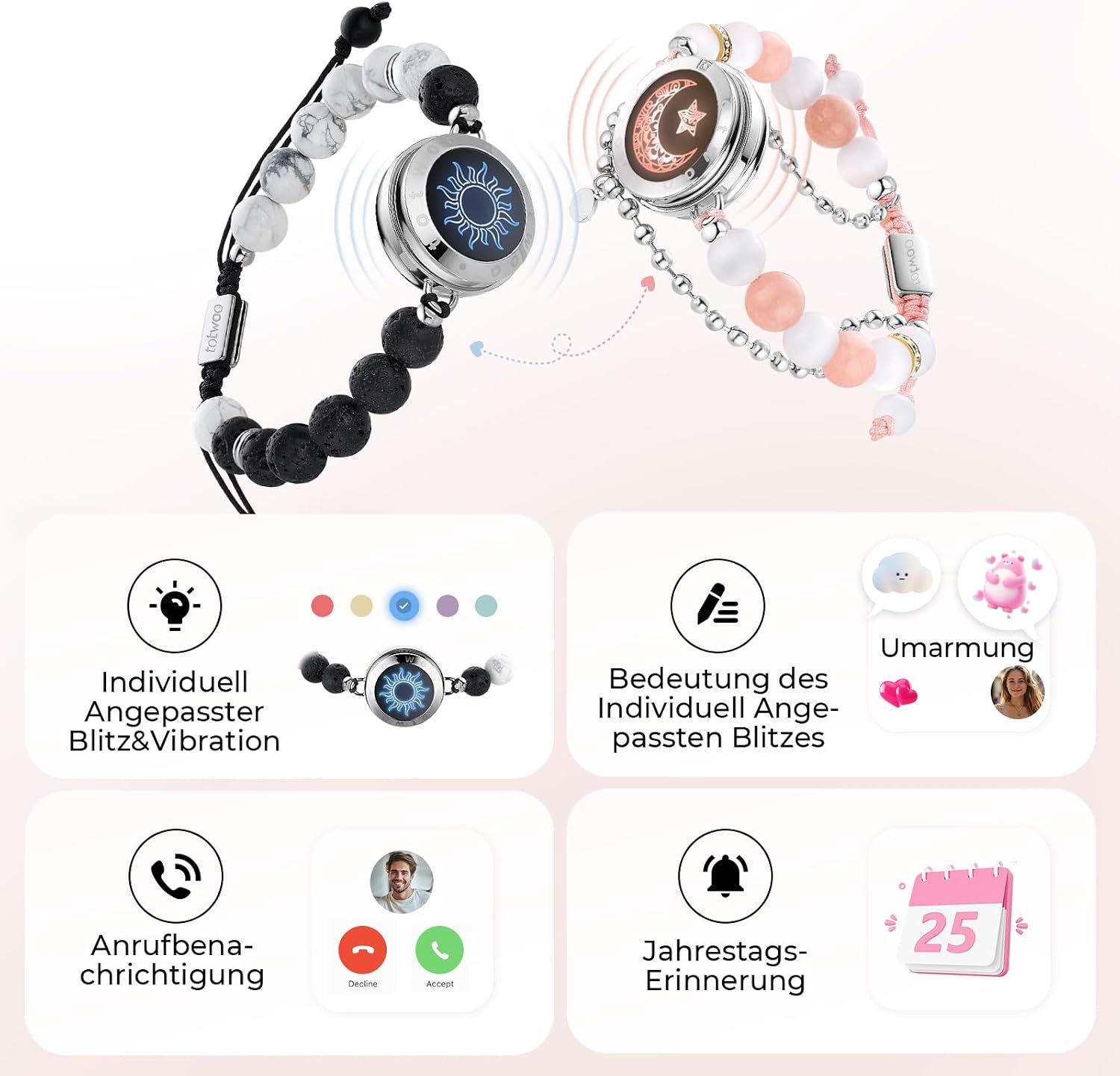 Detalle de TOTWOO Intelligente Partnerarmbänder für Fernbeziehungen – 1:1 Bluetooth-Koppelung, App-Steuerung und Licht-Vibrationssignale