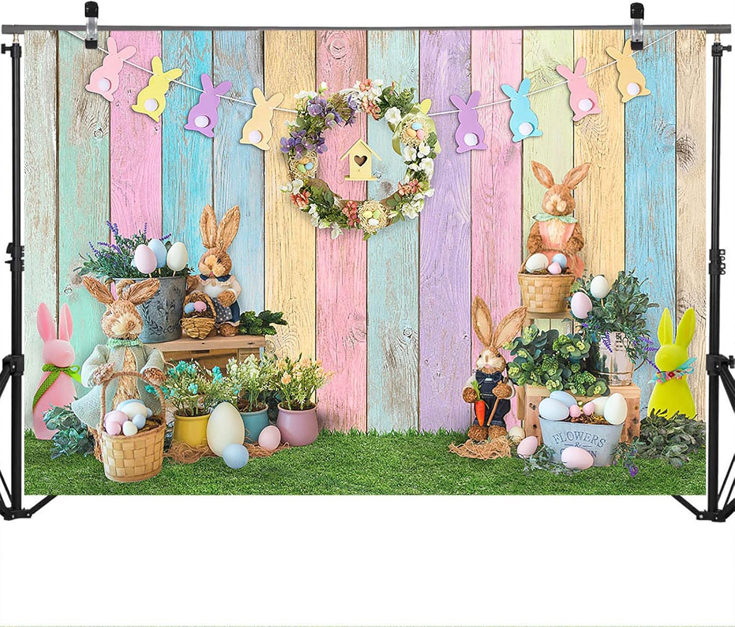 Thumbnail 3 de Avezano Spring Easter Backdrop 7x5ft – Wooden Wall Backdrop with Bunny, Colourful Eggs and Grass