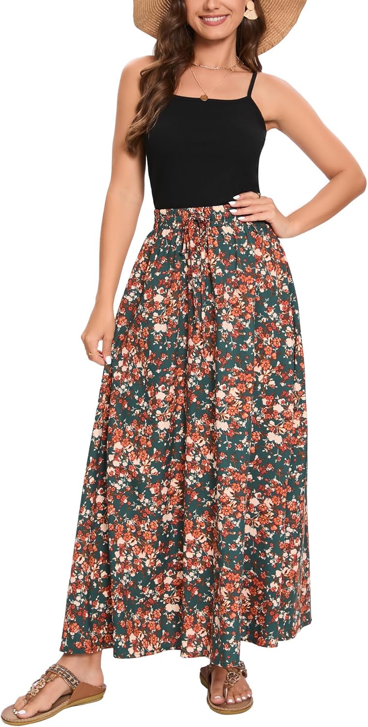 Detalle de Bluetime Women Flowy Long Skirts – Pleated Elastic High Waist Maxi for Summer