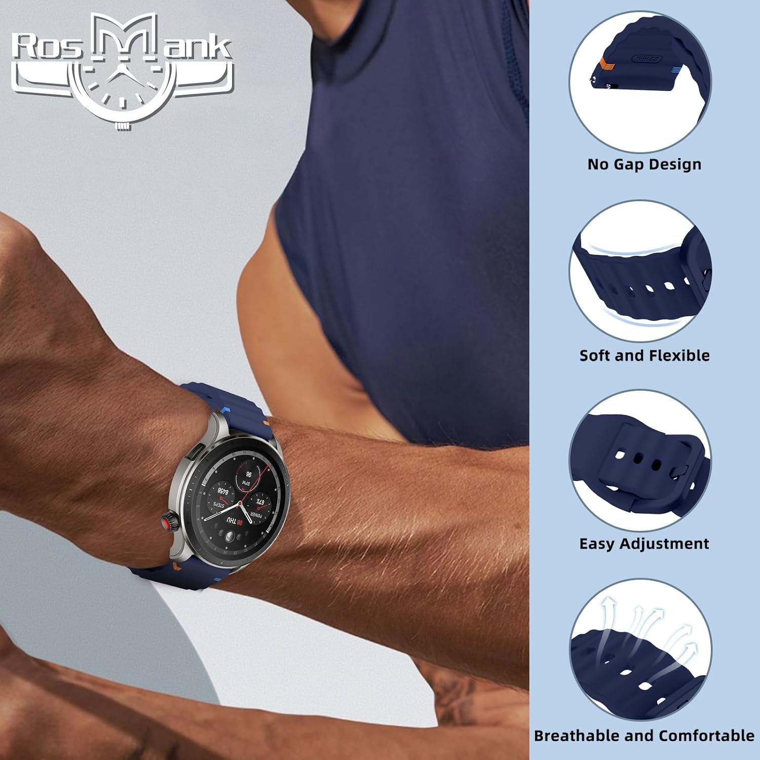 Detalle de RosMank 22mm Silicone Watch Band – Versatile Replacement for Amazfit and More