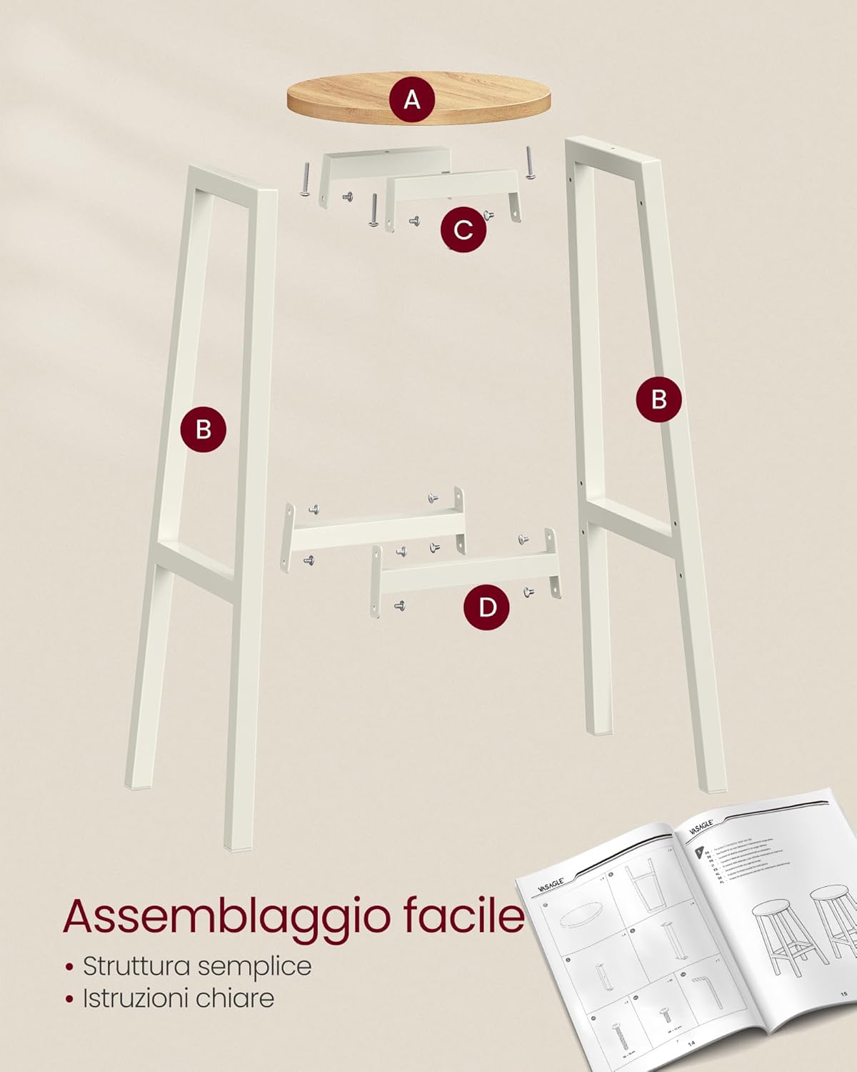 Thumbnail 5 de VASAGLE Set di 2 sgabelli da bar in Rovere Dorato e Bianco (LBC132Y01)