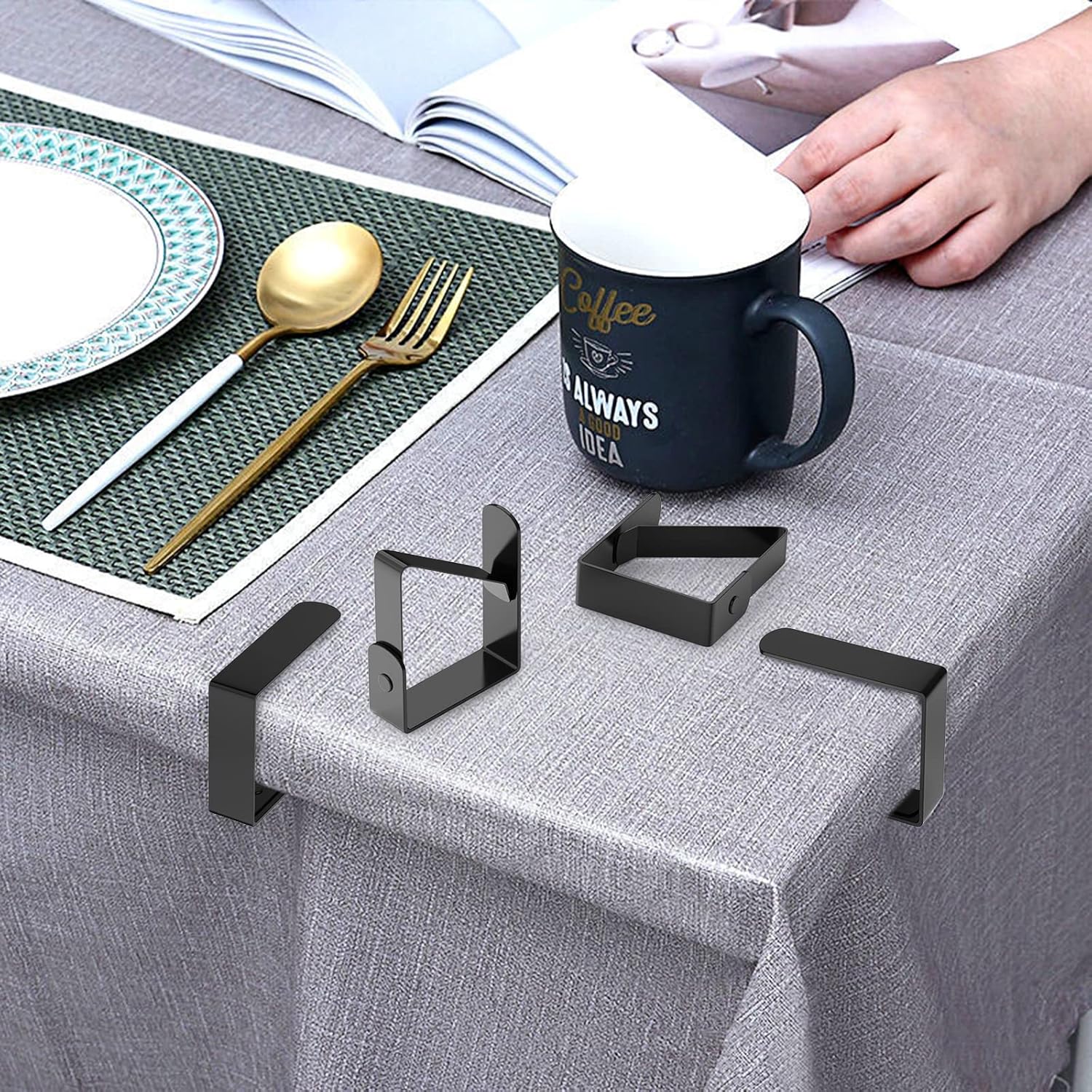 Detalle 2 de ERBO 10 Stück Tischdeckenklammern Set aus Edelstahl – Schwarz, 5 x 4 cm, für dicke Tische und Outdoor