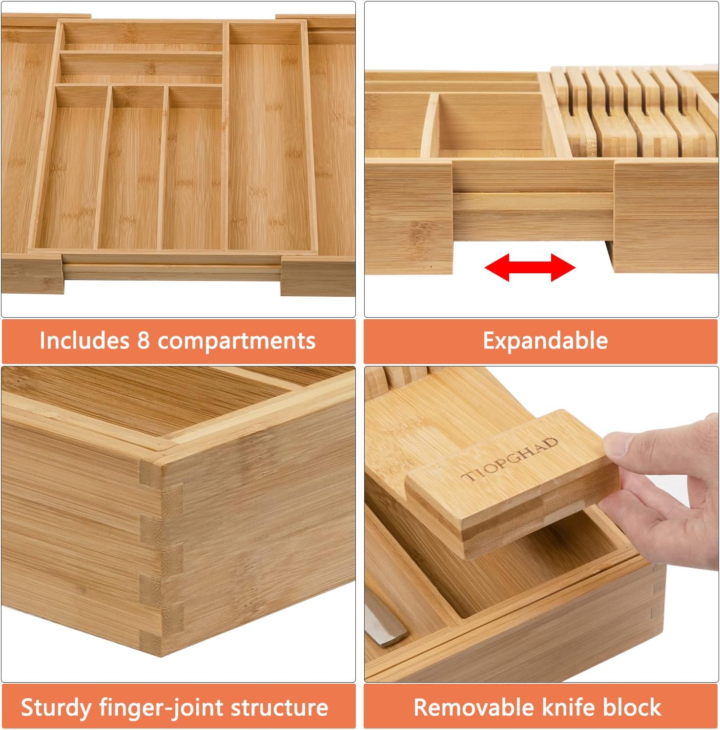 Thumbnail 4 de TIOPGHAD Bamboo Expandable Silverware & Utensil Drawer Organizer with Detachable Knife Rack