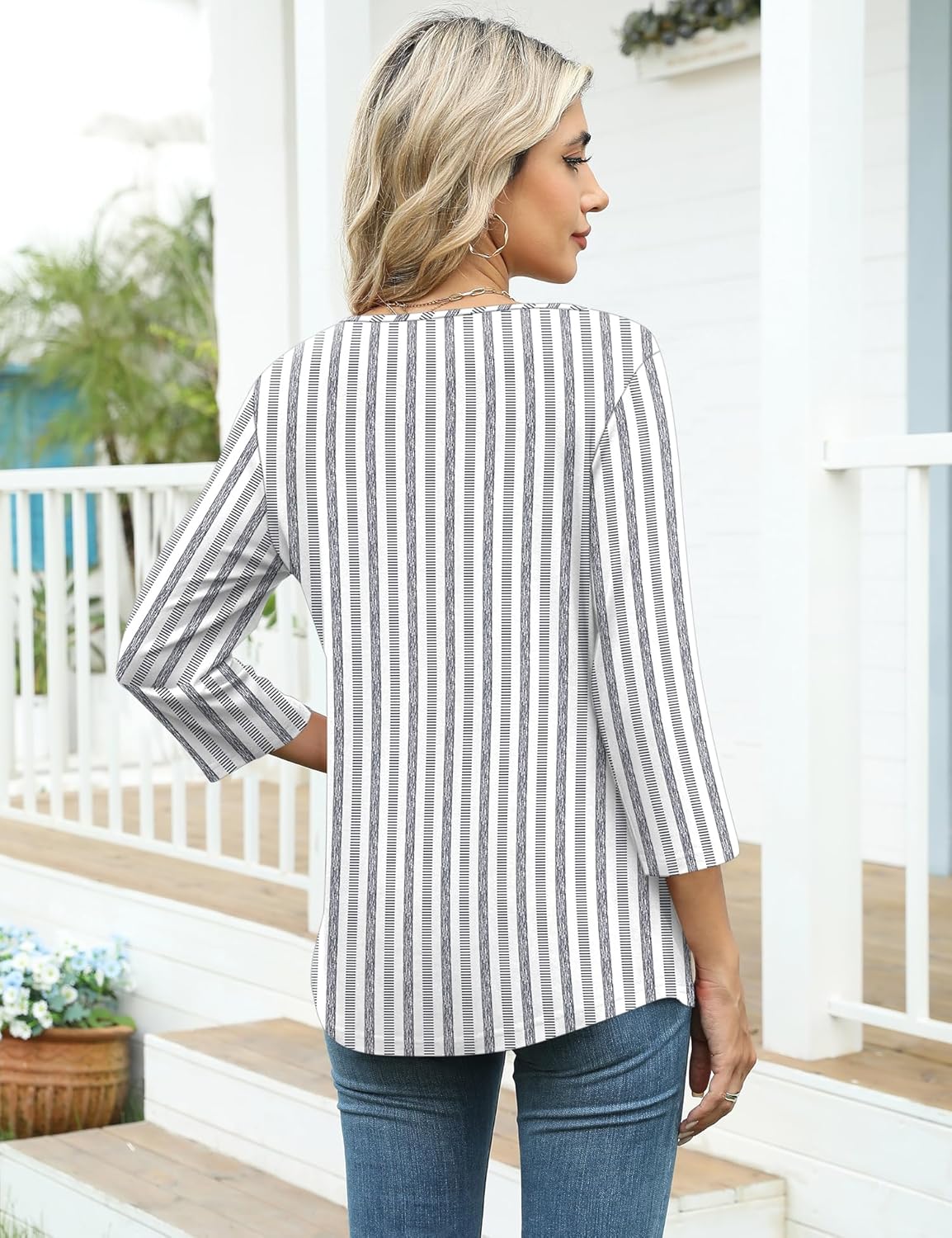 Detalle 2 de Kistore Damen Bluse 3/4 Arm – Asymmetrischer Ausschnitt, Knopf-Detail, Tunika Sommer Tops