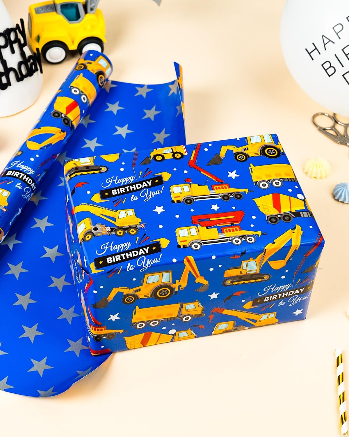 Thumbnail 5 de Wikadlik Geburtstags-Geschenkpapierrolle mit Traktor-LKW-Design, 43 cm x 10 m (tiefblau, silberner Stern)