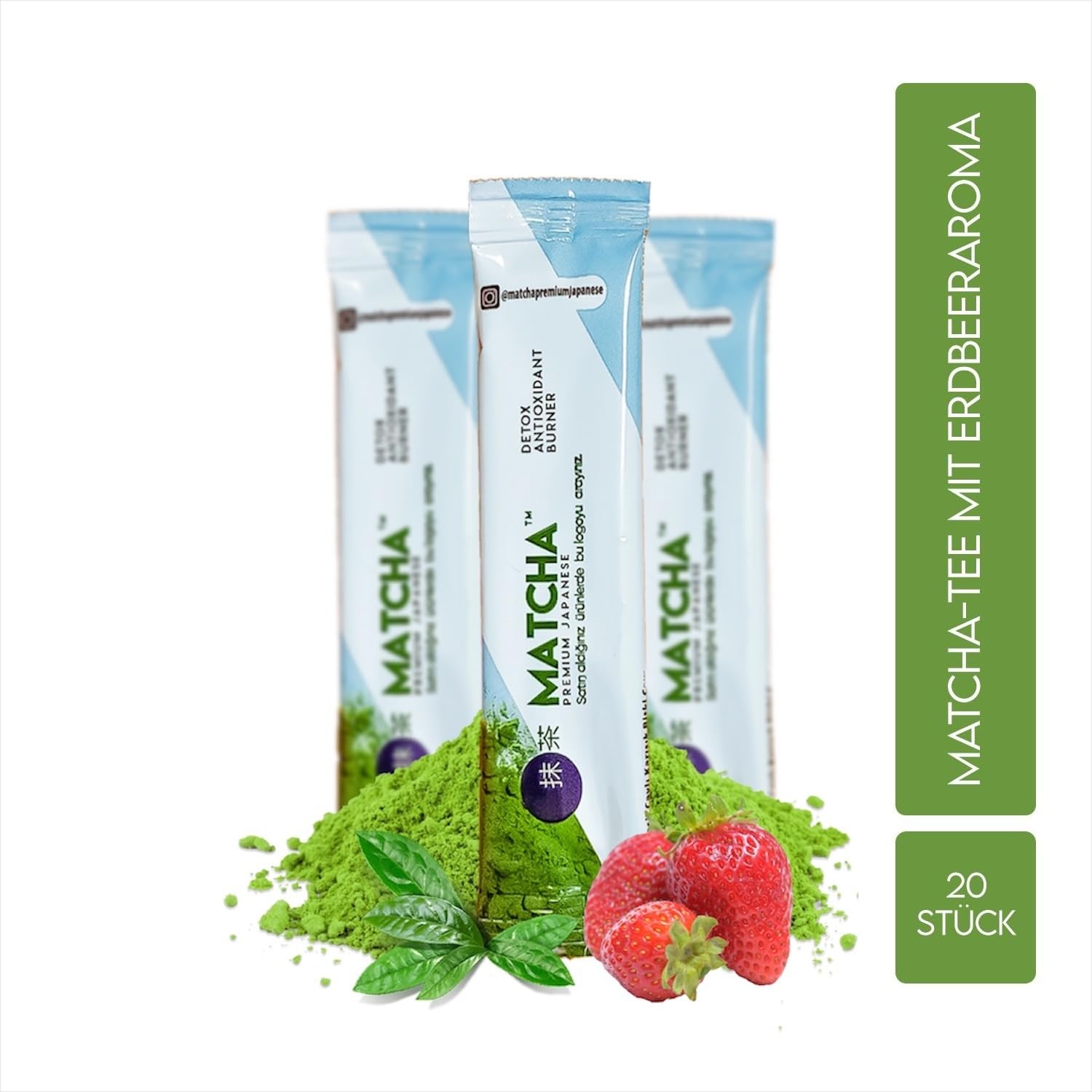 Detalle de Matcha Tee – 20 Stücke Premium Japanisch Grüntee mit Spirulina und Erdbeeraroma