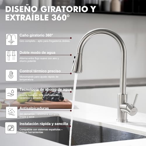 Thumbnail 2 de Ibergrif M22137 grifo de cocina extraíble con manguera, giro 360° y 3 modos de agua