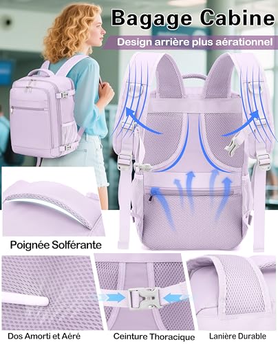Detalle de KLOSTAIN Sac à Dos Voyage Cabine – 45x36x20 cm (30 L), 15,6'' | Violet clair
