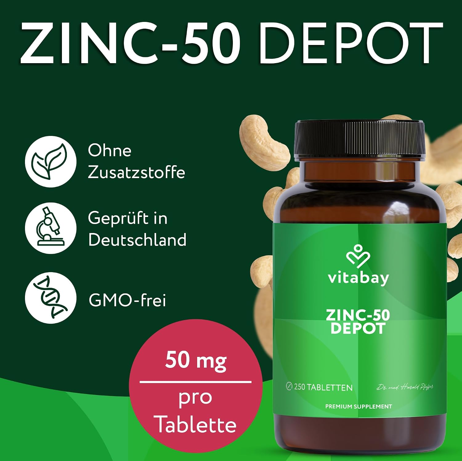 Detalle de Vitabay Zink 50 mg hochdosiert – 250 teilbare Tabletten für Immunsystem, Haut, Haare & Nägel