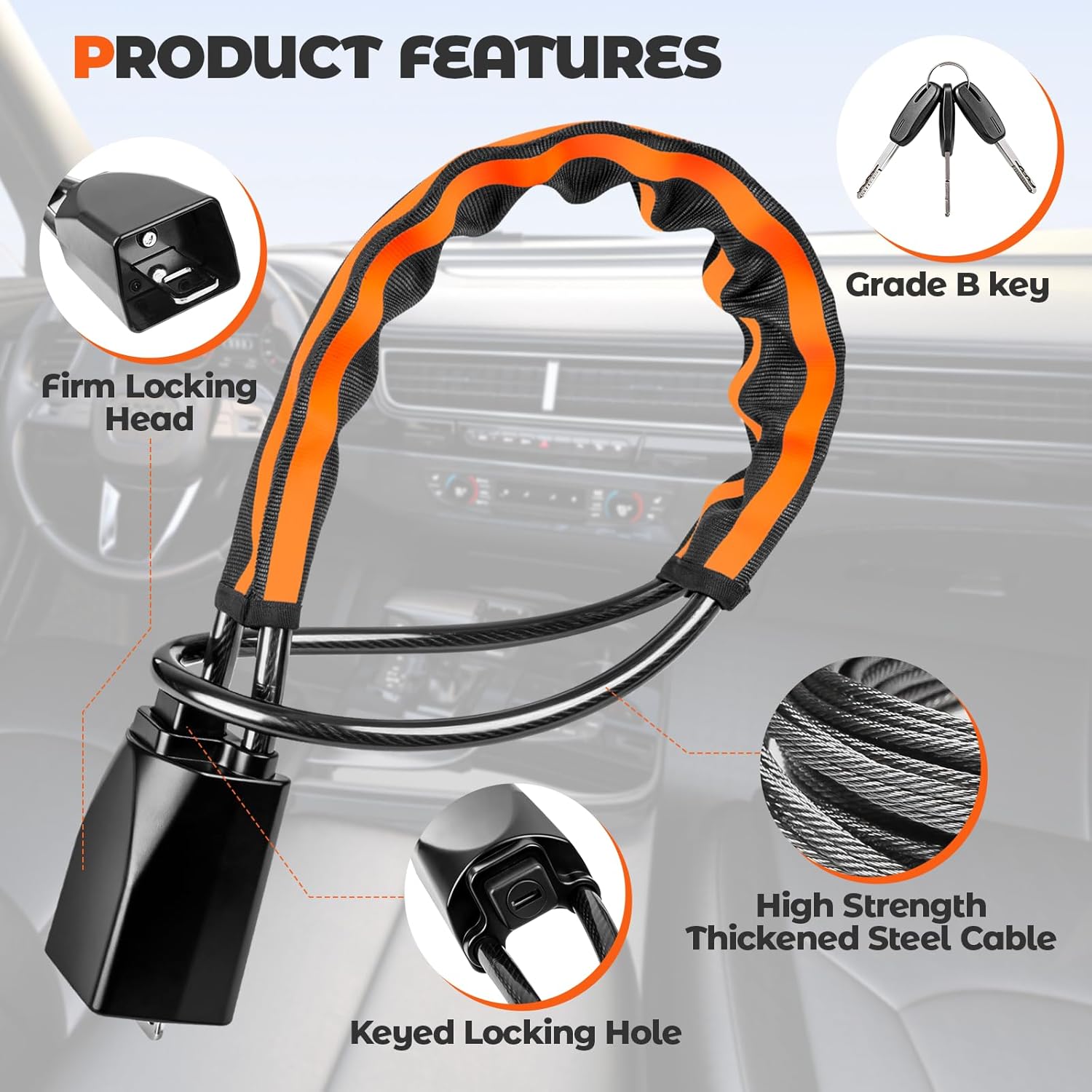Thumbnail 5 de Dayacoco Steering Wheel Lock with Reflective Strips – Titan Lock (Orange)