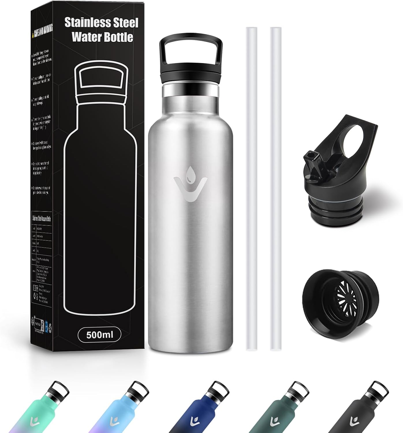 Thumbnail 6 de Borraccia Acciaio Inox 500 ml con cannnuccia e 2 coperchi riutilizzabile, senza BPA
