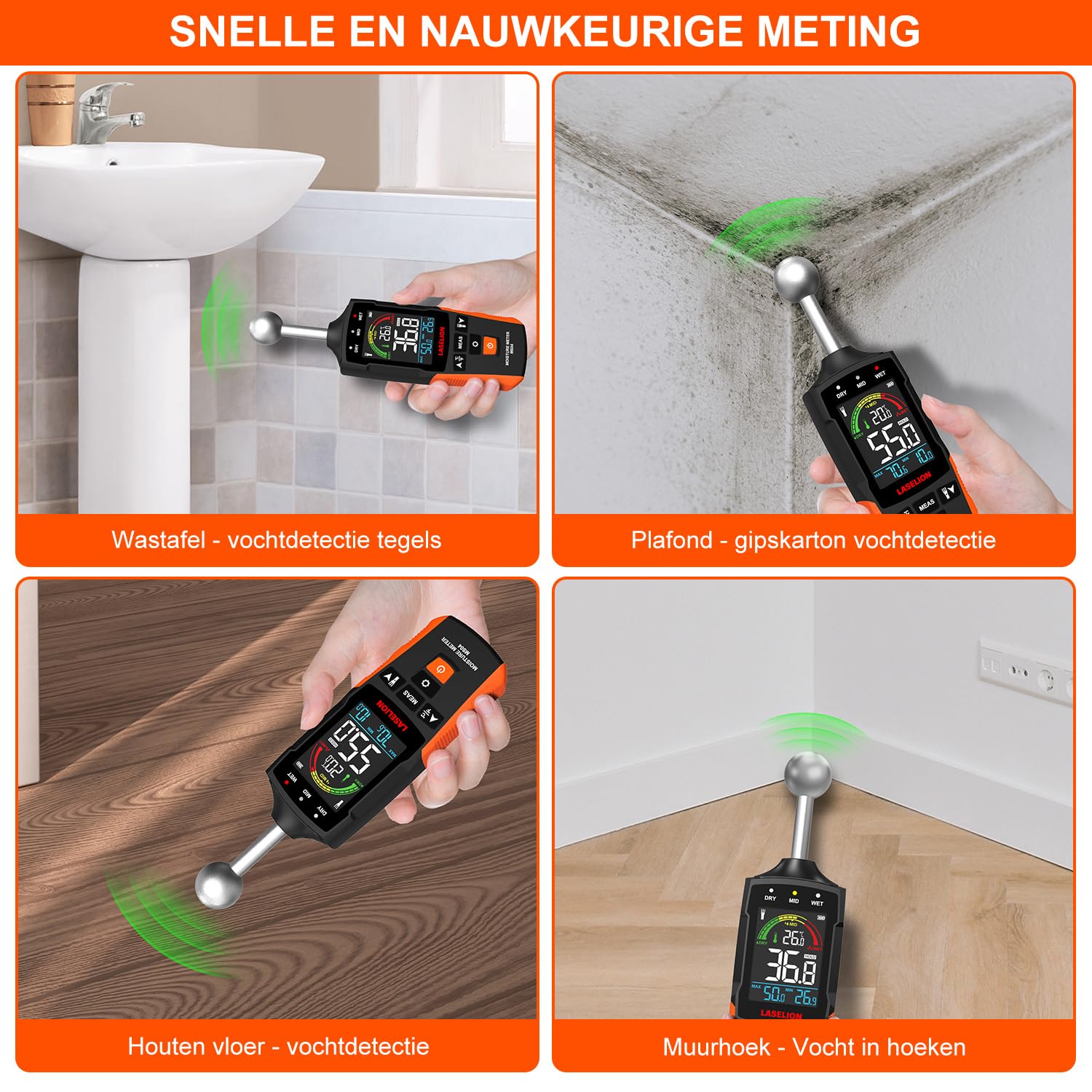 Detalle de LASELION MS04 wandvochtigheidsmeter met kogelsensor en instelbaar vochtalarm