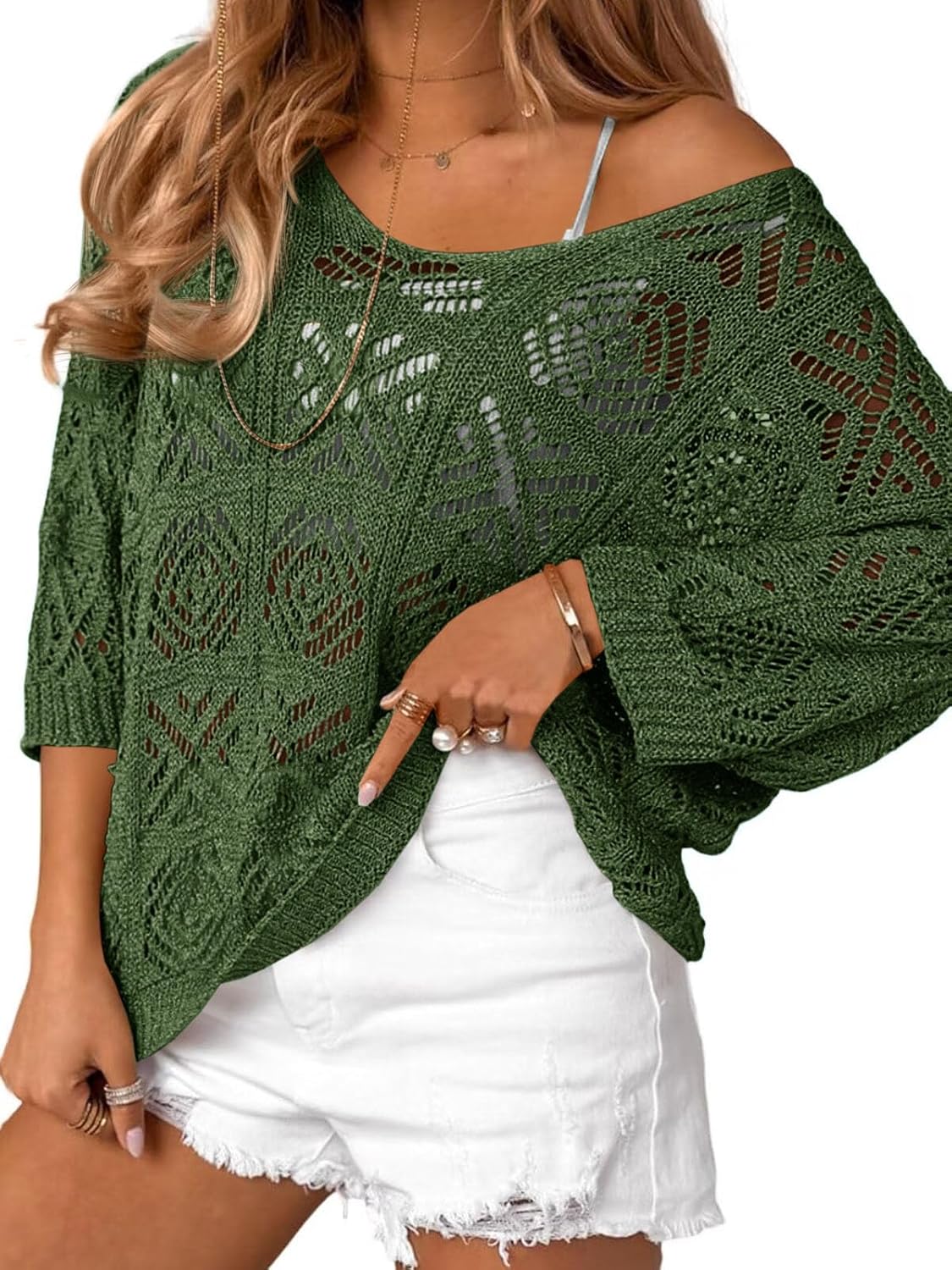 Thumbnail 6 de Saodimallsu Womens Crochet Cover Up Top — Mesh Boho Beachwear, Off-Shoulder 3/4 Sleeve