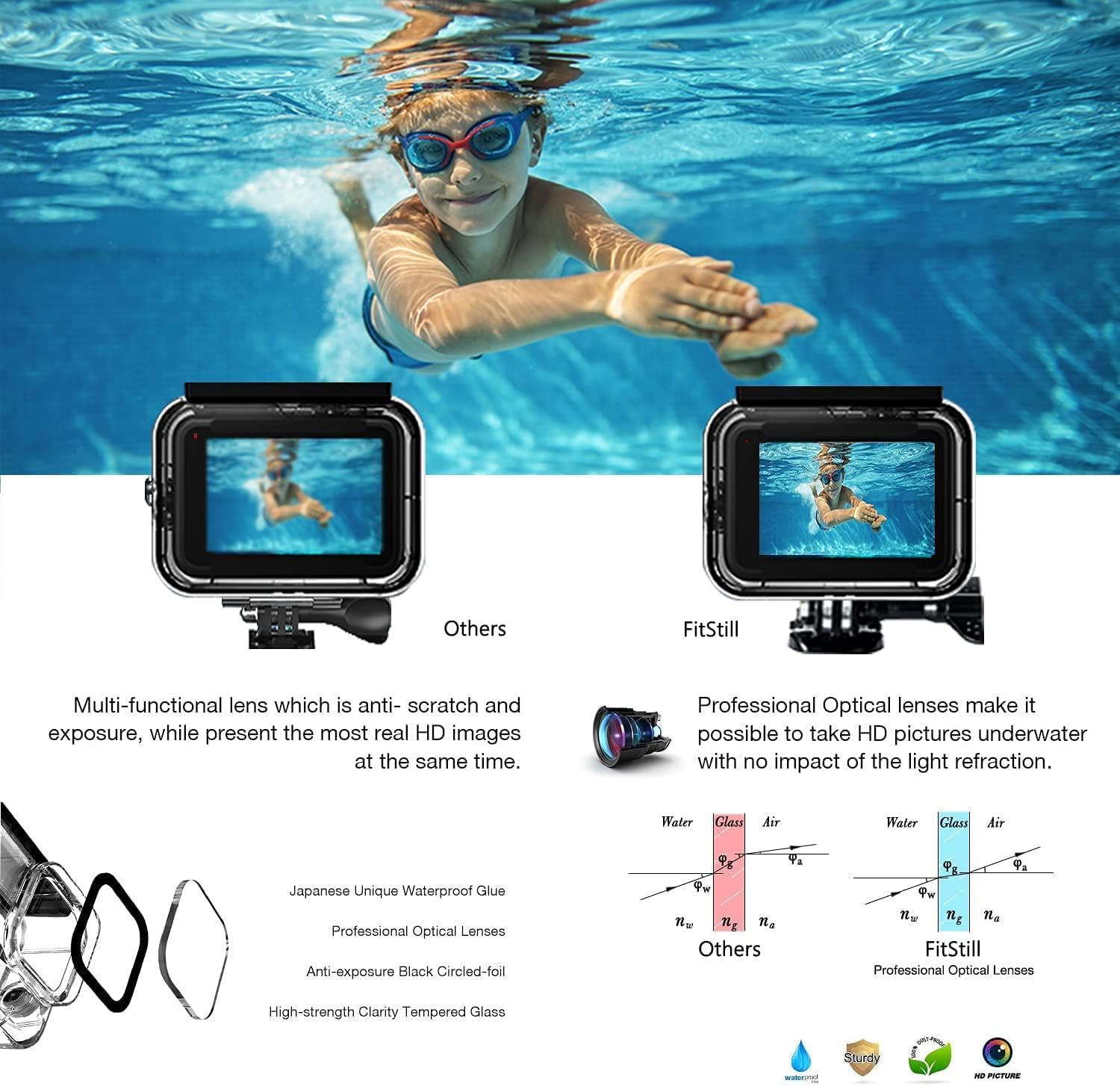 Thumbnail 1 de FitStill 60M/196FT Underwater Waterproof Case for Go Pro Hero 8 Black with 3 Dive Filters, Floating Handle & Accessory Kit