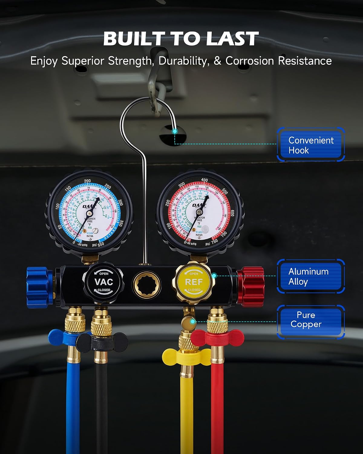 Thumbnail 6 de Orion Motor Tech 4-Way AC Gauge Set for R410a, R22 & R134a with 5 ft Hoses, Adapters & Can Tap
