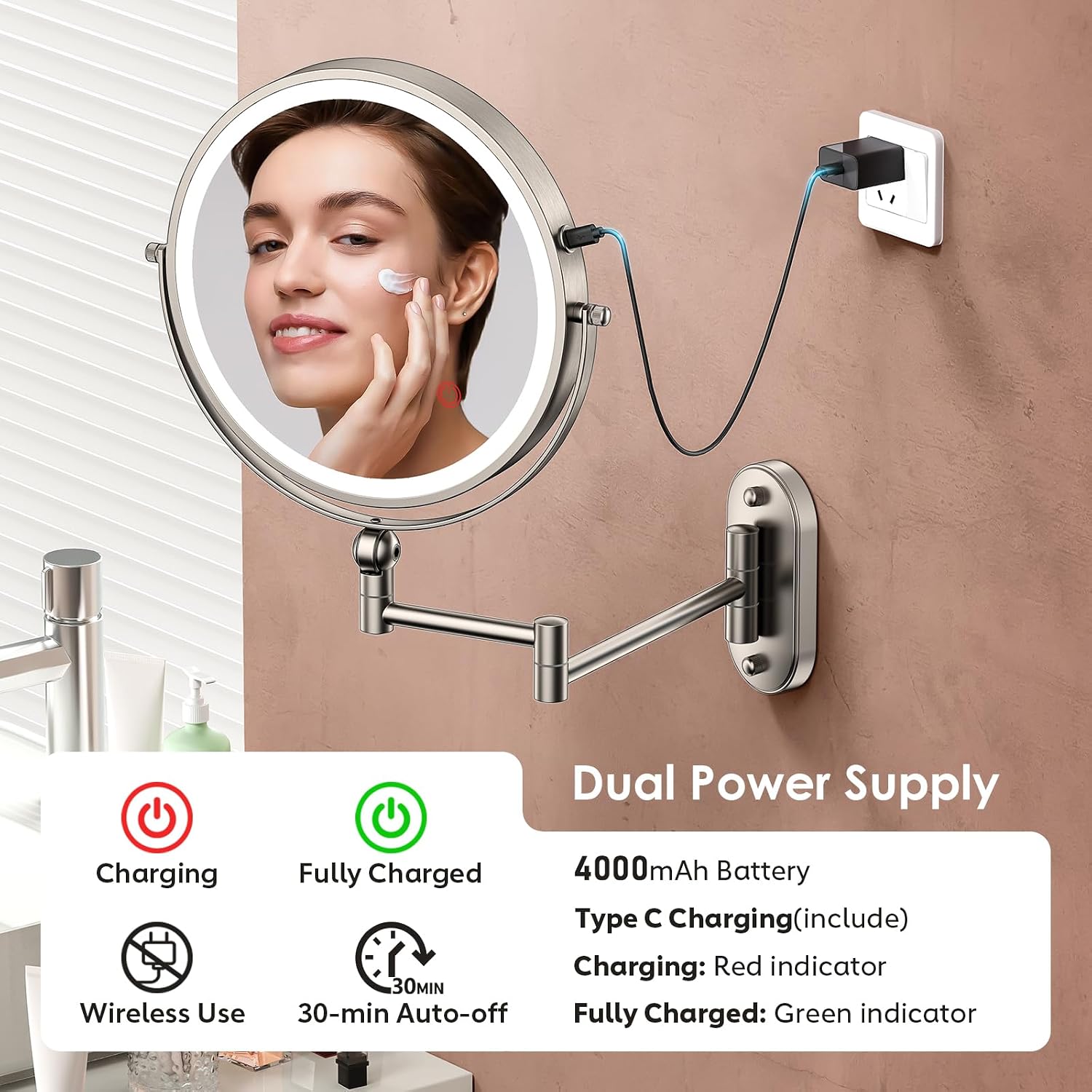 Thumbnail 4 de ZLOKLA 9-inch Wall Mounted Lighted Makeup Mirror with 1X/20X Magnification and Rechargeable 4000mAh Battery