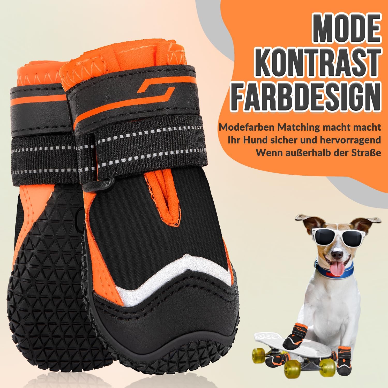 Detalle 2 de Eyein Hundeschuhe Pfotenschutz (2 Stück) wasserabweisend, rutschfeste Sohle, reflektierender Klettverschluss – Größe 4, Orange