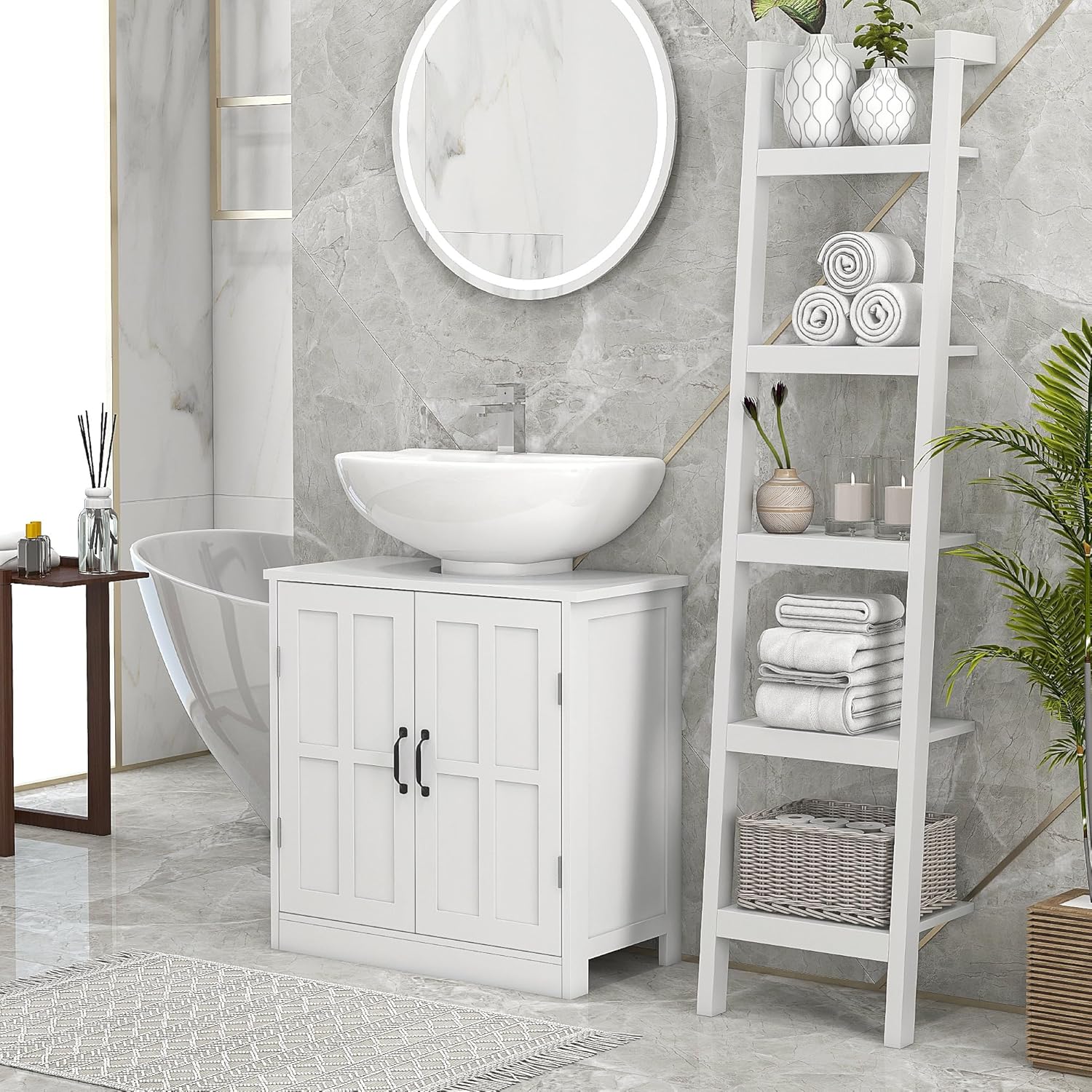 Thumbnail 1 de kleankin Meuble sous lavabo – Armoire de rangement blanche 60 x 30 x 60 cm avec porte double et étagère réglable