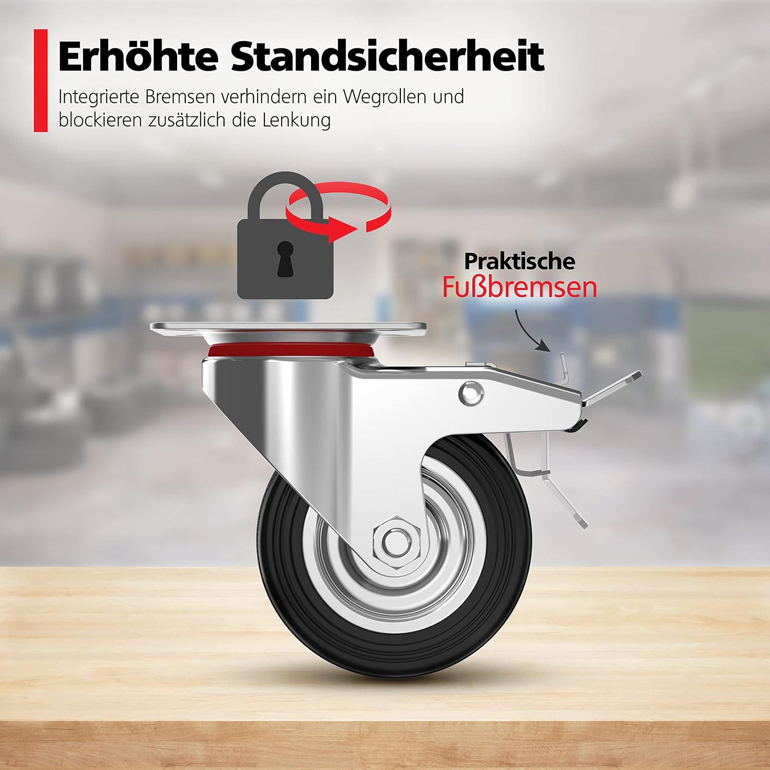 Thumbnail 4 de RAVN HAMAN 4er-Set Transportrollen 100 mm mit Bremse, Vollgummi – bis 70 kg pro Rad
