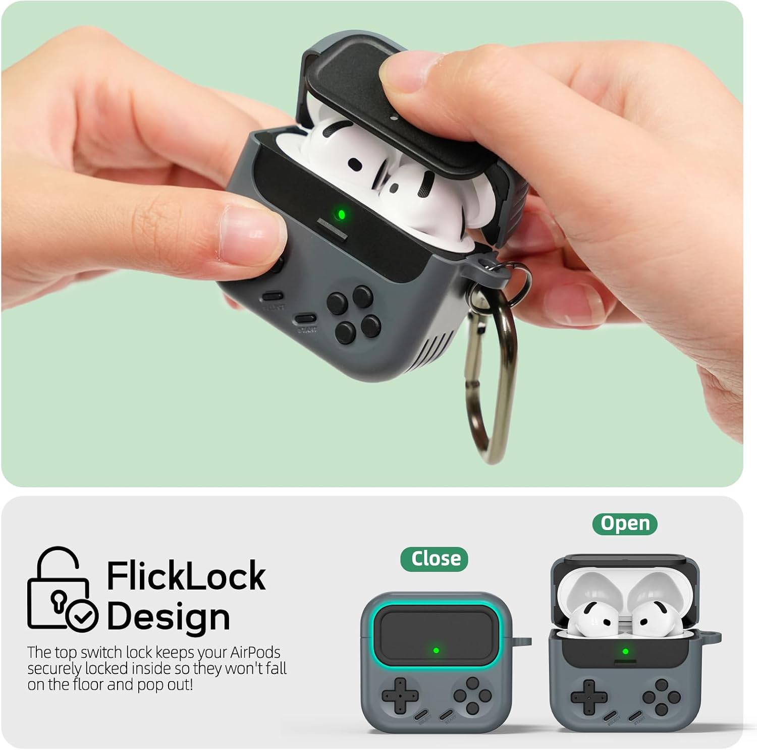 Detalle 2 de Inesore AirPods 4 Case with Lock (Classic Game Console Style) + Cleaner Kit (Black)