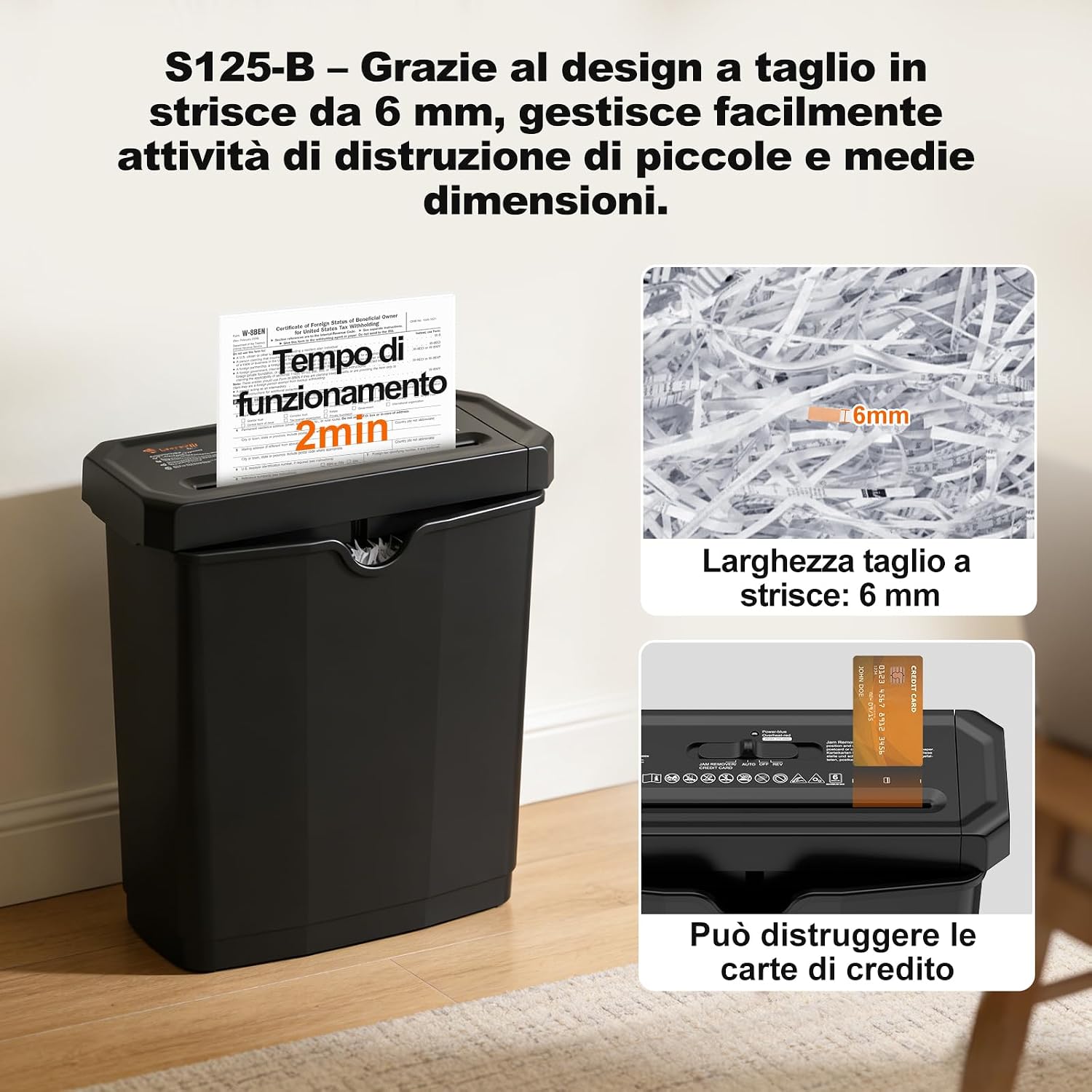 Detalle 2 de Bonsaii Distruggidocumenti a strisce S125-B: compatto, sicuro e pratico per casa e ufficio