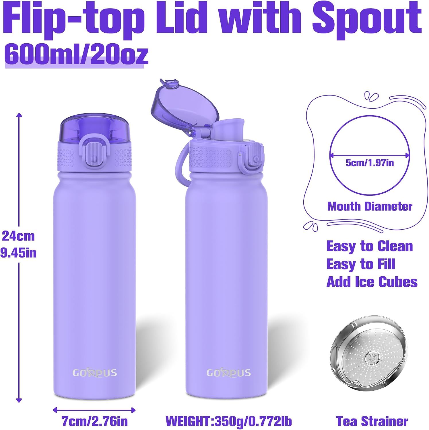 Detalle de GOPPUS 600ml Insulated Water Bottle with Spout Lid (No Straw) – Leakproof Stainless Steel, Purple