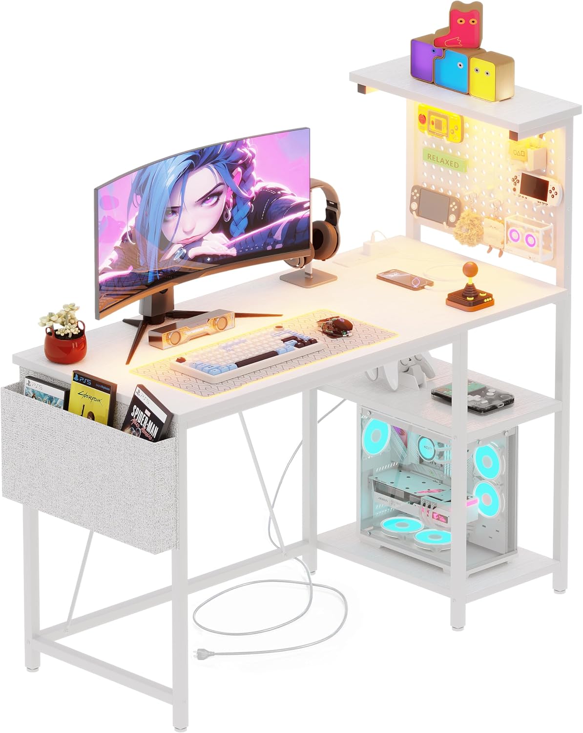 Imagen de Xyphren Gaming Desk with Pegboard, Power Hub and LED Light – 100 × 50 cm, White en OfertitasTOP
