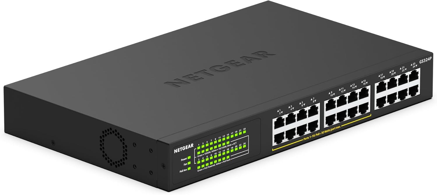 NETGEAR Switch Ethernet PoE 24 porte Unmanaged GS324P (16 PoE+ fino a 190 W, Gigabit)